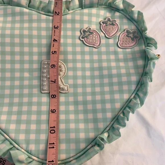 Stoney Clover Lane Heart Shape Mint Picnic Nylon Lined Gingham Bag Initial R NWT
